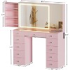 PAKASEPT Vanity with Lighted Mirror, Vanity Desk with Visible Glass Tabletop, 11 Drawers, Hidden Sliding Shelves and Charging Station, Pink - 2 of 4