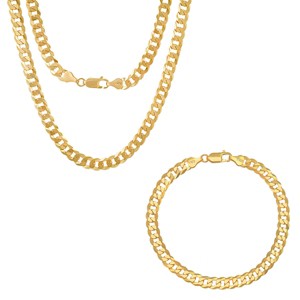 Steeltime 24" and 8.5" Unisex 14k gold plated sterling silver diamond cut curb link chain set - 1 of 3