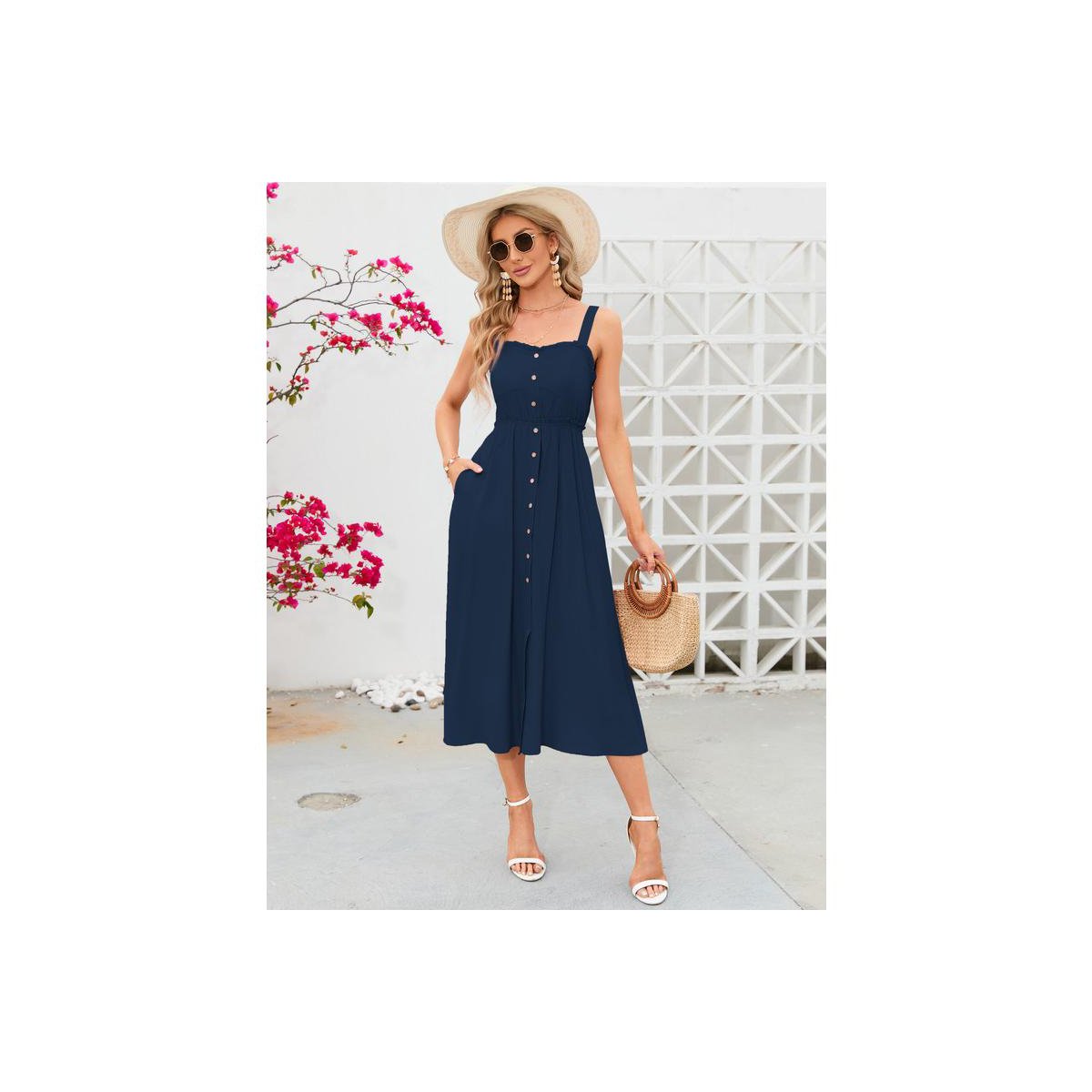 Женские платья Garvee Women's Dress Casual Summer Spaghetti Strap Dress Button Down Sleeveless A Line Beach Swing Midi Sundress Navy Blue Small — фото 3
