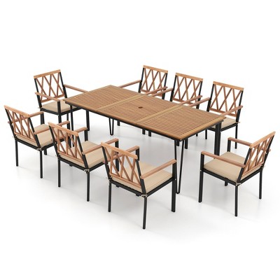 Tangkula 9 PCS Patio Dining Set Rectangular Dining Table w/ Acacia Wood Top Umbrella Hole
