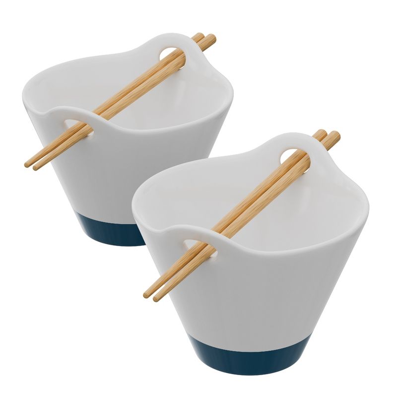American Atelier Stoneware Ramen Bowl w/ Chopsticks, Set of 2, Udon Noodle Handled Bowls, 25 Oz Miso Soup Bowl, Handles/Chopstick Rest, White & Blue, 1 of 8