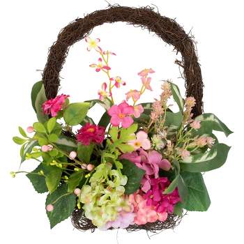 Northlight Leafy Hydrangea Floral Spring Hanging Basket - 16"  - Pink