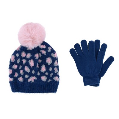 CTM Girl's 7-14 Leopard Print Winter Pom Hat and Glove Set by Connex Gear