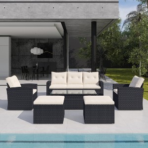 Whisen 6-Pieces All-Weather Wicker PE Rattan Patio Outdoor Dining Conversation Sectional Set with Coffee Table, Ottomans and Removable Cushions - 1 of 4