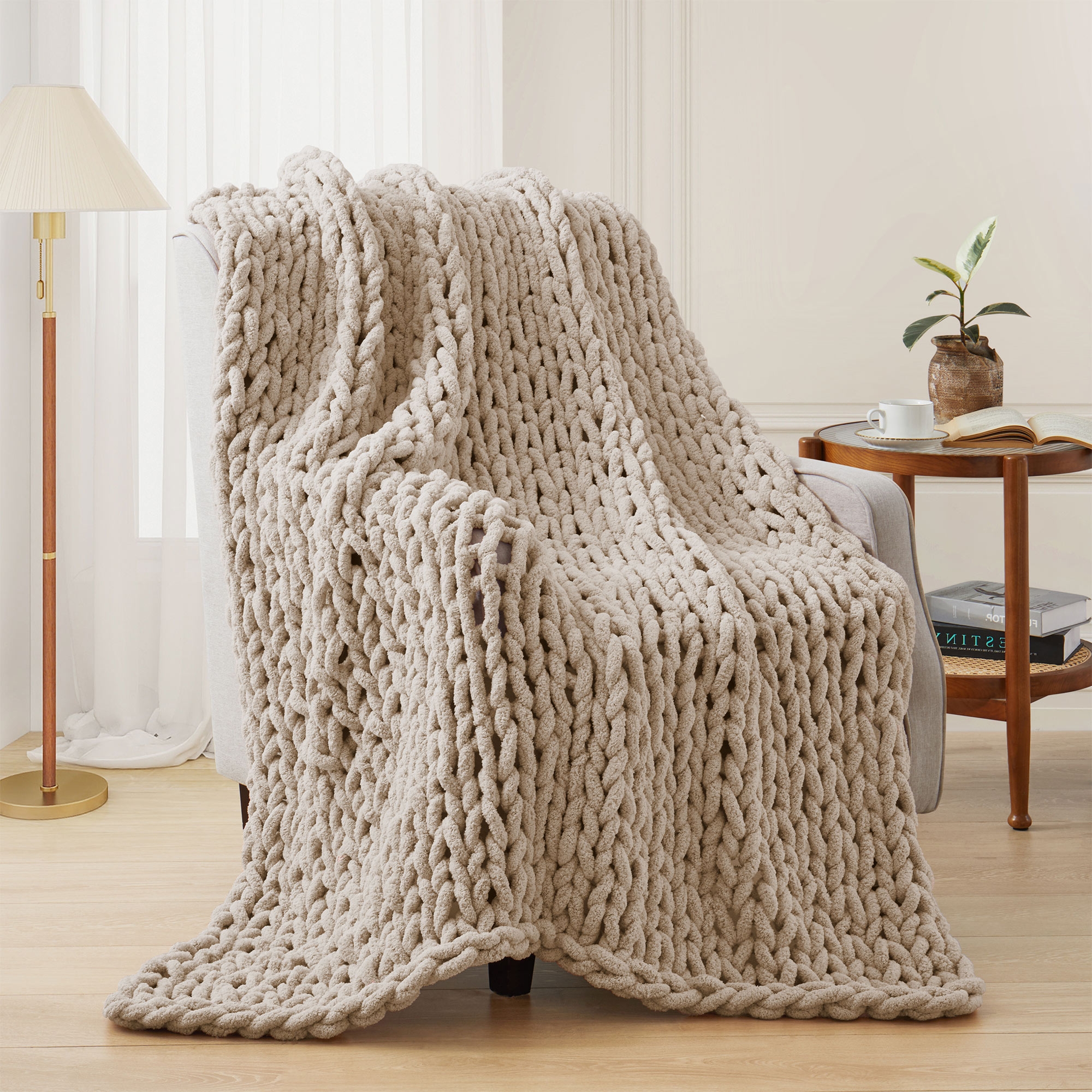 Peace Nest Handmade Chunky Knit Chenille Yarn Throw Blanket 50"x60", Cream