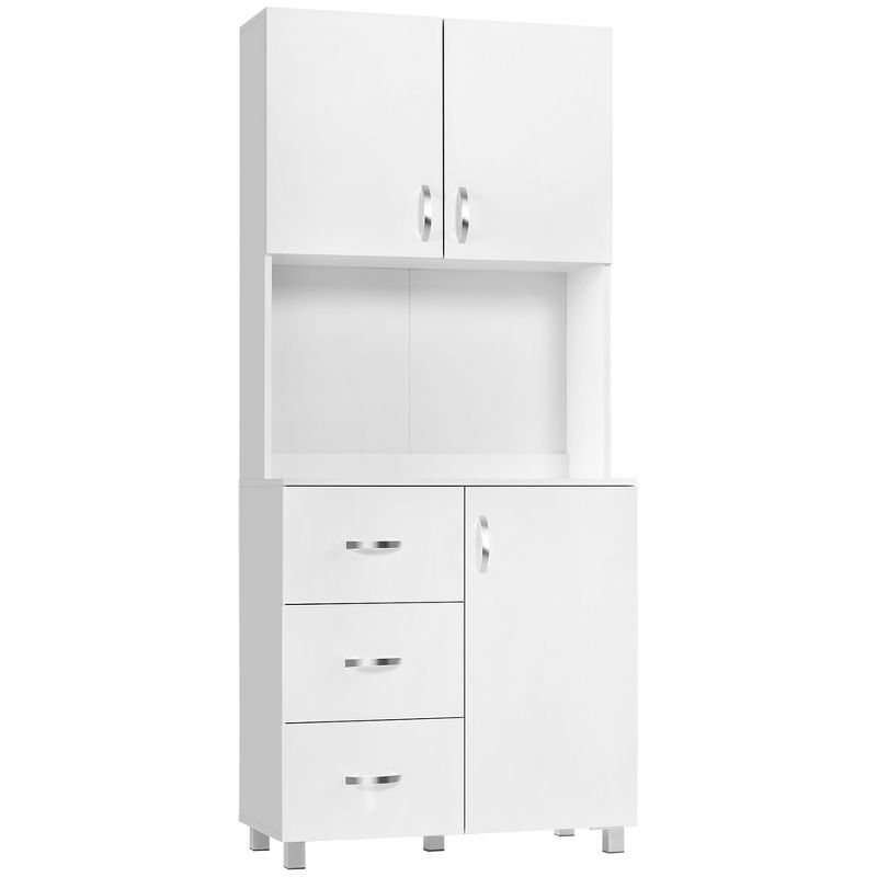 HOMCOM Freestanding Kitchen Pantry, Buffet with Hutch Storage Organizer with 2 Door Cabinets, 3 Drawers and Open Countertop, Adjustable Shelf, White, 1 of 9