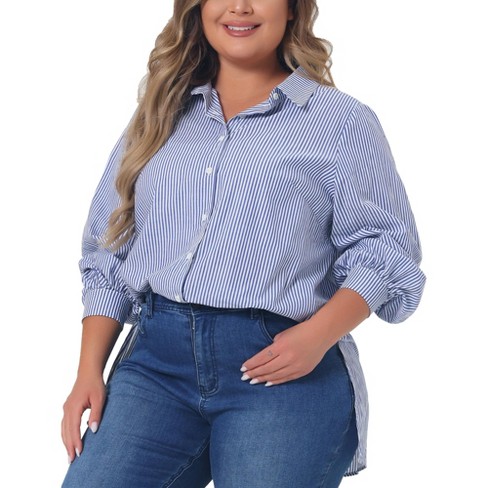 Agnes Orinda Women's Plus Size Button Down Collared Long Sleeve Classic  Casual Office Striped Blouse Blue 2X