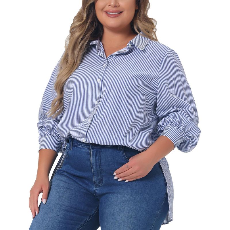 Agnes Orinda Women's Plus Size Button Down Collared Long Sleeve Classic Casual Office Striped Blouse, 1 of 5