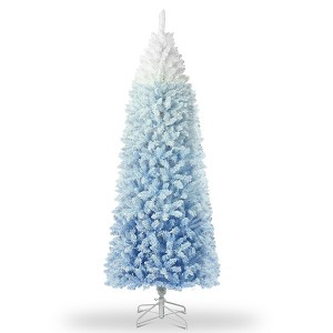 6ft/7.5 Prelit Artificial Christmas Tree with RGB & Warm White Lights, Pre-Lit Snow Flocked Pencil Christmas Tree - 1 of 4