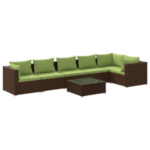 vidaXL 7-Piece Patio Lounge Set with Comfortable Cushions - Poly Rattan Outdoor Furniture in Brown and Green - 1 of 4