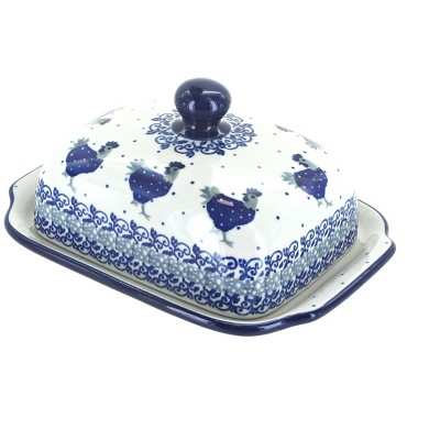 Blue Rose Polish Pottery Barnyard Rooster Butter Dish