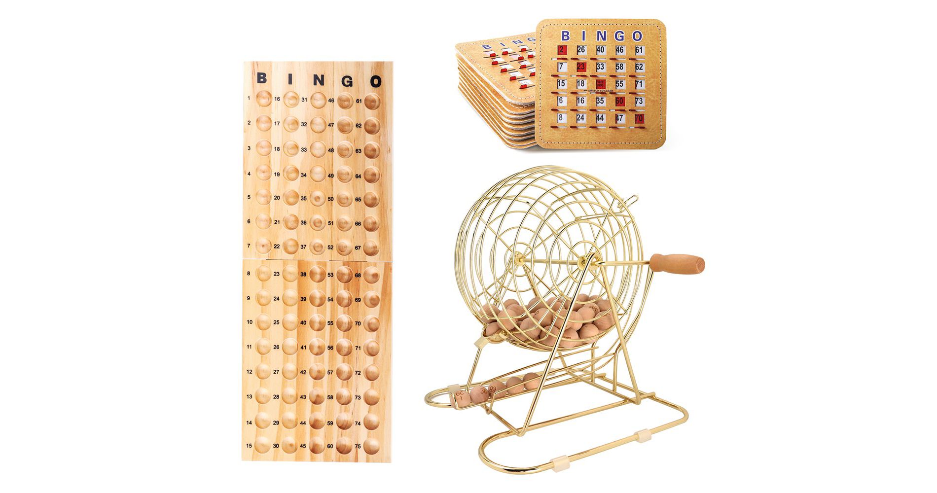 GSE Bingo Game Set with Large Brass Cage, 10 Shutter Slide Bingo Cards, Wood Master Board & 7/8" Calling Balls for Large Groups, Parties, Game Night