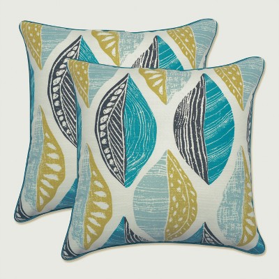 Set of 2 Leaf Block Outdoor/Indoor Throw Pillow Teal/Citron - Pillow Perfect
