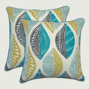Set of 2 Leaf Block Outdoor/Indoor Throw Pillow Teal/Citron - Pillow Perfect - 1 of 4