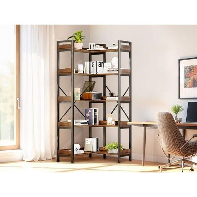 Hyleory Asymmetrical Modern Bookshelf, 5-Tier Freestanding Display Shelf, MDF & Metal Industrial Bookcase for Living Room / Home Office