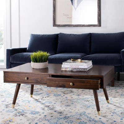 Transitional Mid-Century 48" Brown Wood Coffee Table with Gold Caps