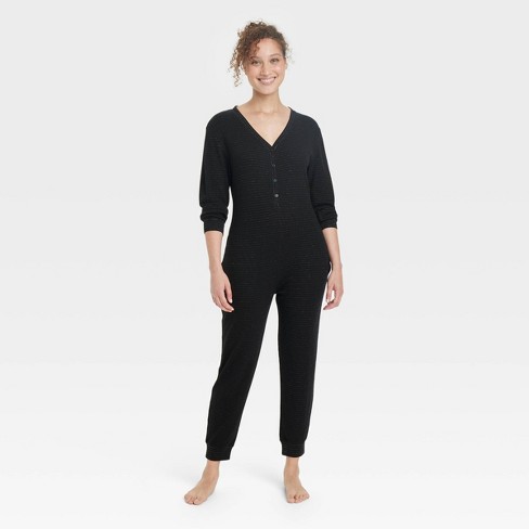 followme Women's Thermal Henley Onesie Union Suit, Black, X-Small