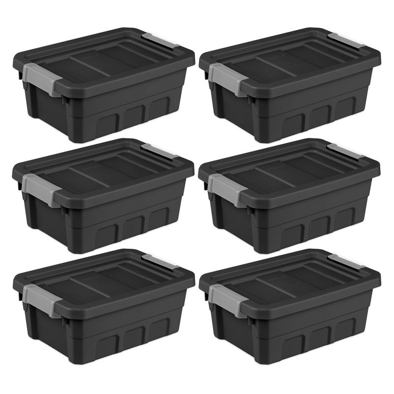 Sterilite 4 Gallon Stackable Rugged Industrial Storage Tote Containers with Latching Clip Lids for Garage, Attic, or Worksite Storage, Black, 1 of 7