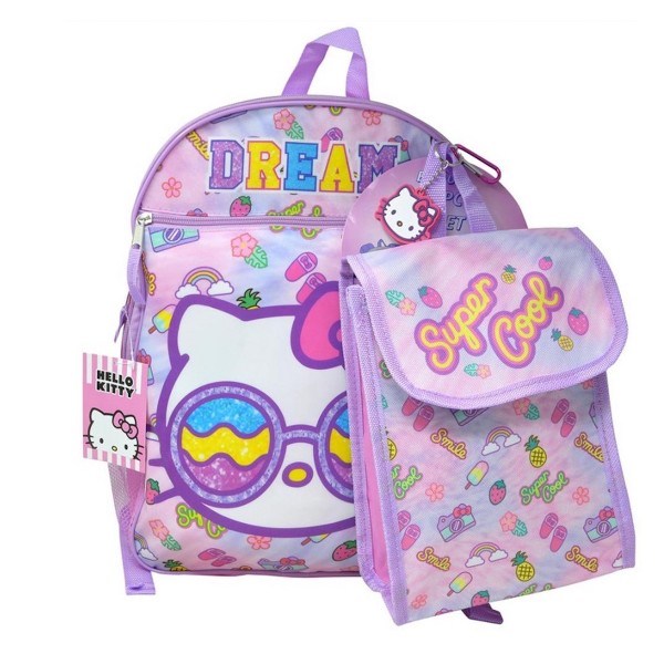 Set de mochila de 16 pulgadas de Hello Kitty de 4 piezas con lonchera, llavero y mosquetón