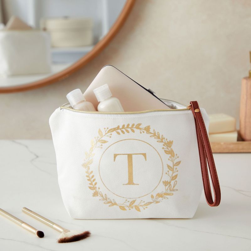 Gold Initial T Personalized Makeup Bag for Women, Monogrammed Canvas Cosmetic Pouch (White, 10 x 3 x 6 In), 2 of 9