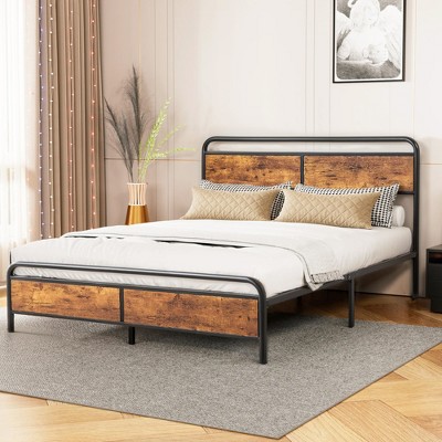 VECELO Full/Queen Size Bed Frame with Wooden Headboard, Metal Bed Platform No Box Spring Needed with Heavy Duty Steel Slat, Brown
