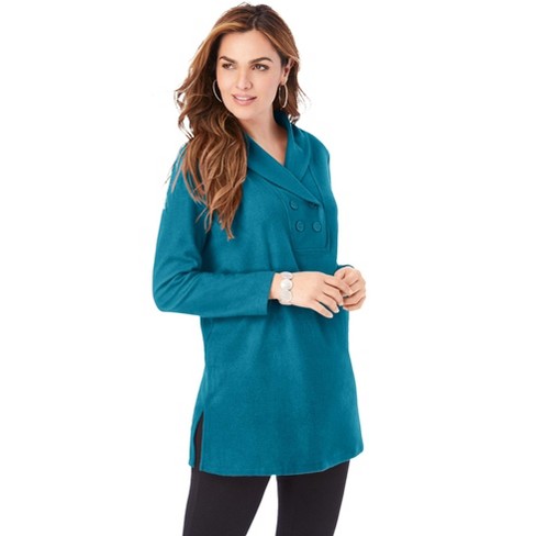 Roaman's Women's Plus Size Double Button High Pile Fleece Fleece Tunic -  3X, Green