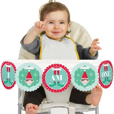 Big Dot of Happiness Elf Squad 1st Birthday - I Am One - First Birthday High Chair Banner