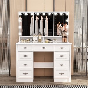 Hitow White 3 Mirrored Dresser with Lighting and Storage Drawers Carved Handles - 1 of 4