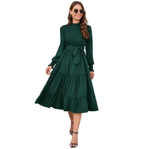 Women's Ruffle Mock Neck Long Sleeve Smocked Midi Dress Casual Floral Print Elastic Waist Tiered Long Dress Dark Green S - 1 of 4
