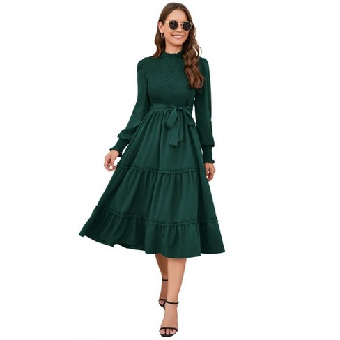 Women's Ruffle Mock Neck Long Sleeve Smocked Midi Dress Casual Floral ...