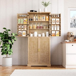 72" Kitchen Storage Cabinet with 4 Rattan Doors and Adjustable Shelves, Freestanding Wood Cupboard Organizer, for Dining Room, Living Room, Bathroom - 1 of 4
