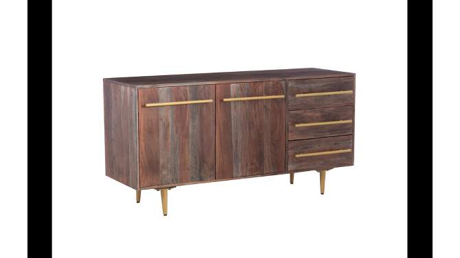 58&#34; Adair Mid Century Modern Storage Console Solid Wood Gold Handle 2 Doors 3 Drawer Brown - Powell, 2 of 16, play video