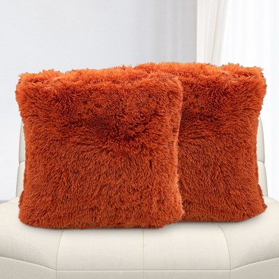 Rust Orange Shaggy Faux Fur Throw Pillows Set of 2