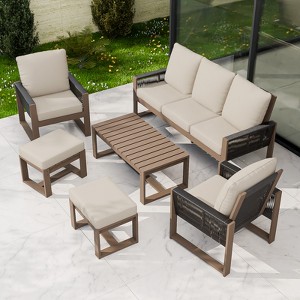EAGLE PEAK Natural Cedar Wood Conversation Set, Outdoor Patio Furniture with 2 Ottomans and Coffee Table - 1 of 4