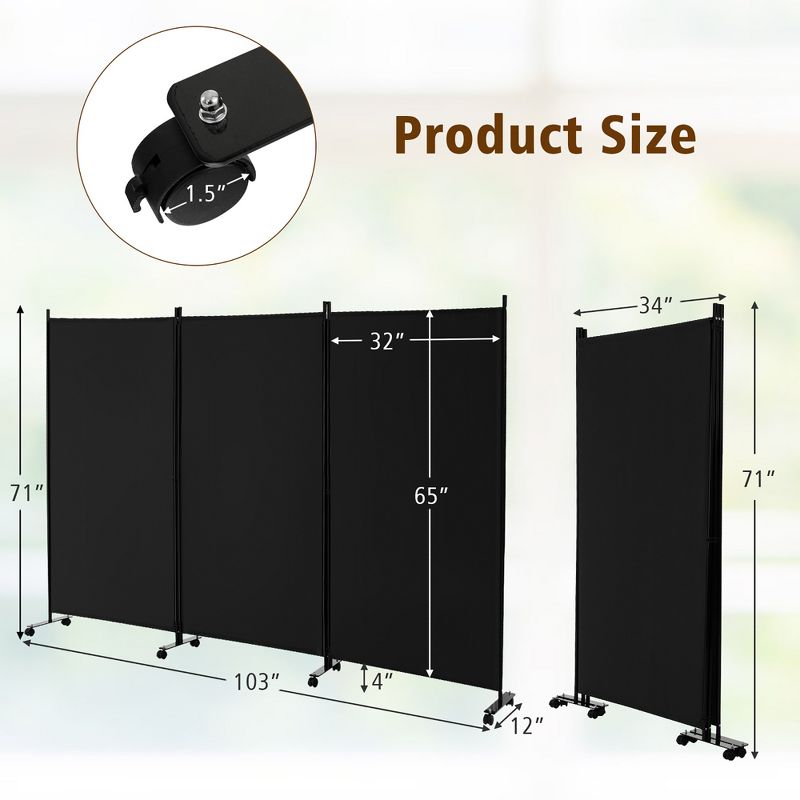 Costway 3-Panel Folding Room Divider 6Ft Rolling Privacy Screen withLockable Wheels Black/Brown/Grey/White, 3 of 10