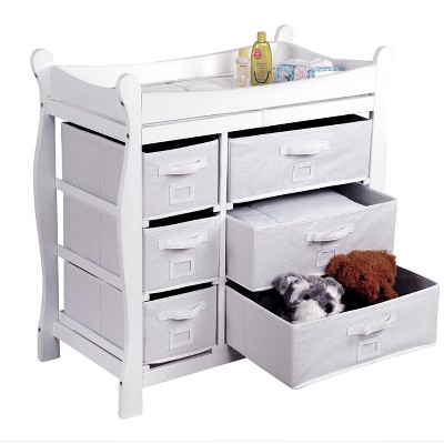 White Sleigh Style Baby Changing Table with 6 Fabric Drawers