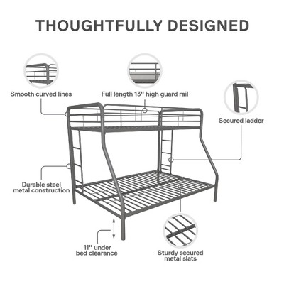 Silver Twin Over Full Metal Bunk Bed with Guardrails and Ladders