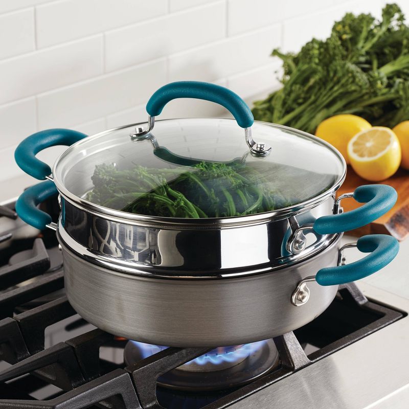 Rachael Ray Create Delicious 3qt Hard Anodized Nonstick Saute Pan with Steamer Teal Handles, 3 of 8