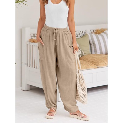 Women's Casual Pants Elastic Waist Pleated Mid Rise Straight Leg Tros with Side Pockets