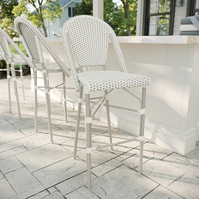 Gray and White Woven Rattan Indoor-Outdoor Bistro Bar Stool