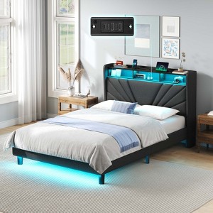 Greenstell  Modern Platform Bed Frame with LED Lights & Charging Station, Upholstered Storage Headboard with Shelves, Heavy-Duty Steel Slats - 1 of 4