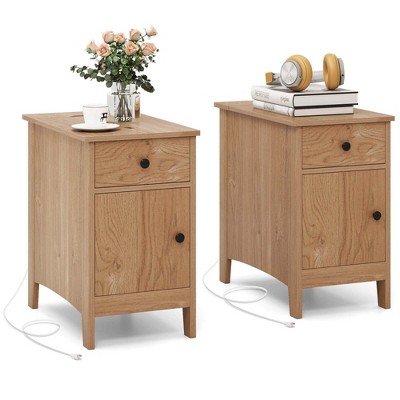 Costway 1/2 PCS End Table with Charging Station Flip Top Bedside Table with USB Ports & Outlets Brown