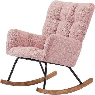 Teddy Fabric Nursery Glider Chair with High Backrest, Padded Rocking Armchair for Nursery, Bedroom & Living Room