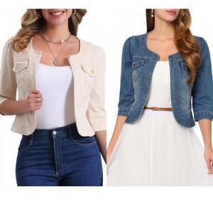 INSPIRE CHIC Women's Collarless Pockets 3/4 Sleeve Crop Denim Jackets 2 Pieces - 1 of 4