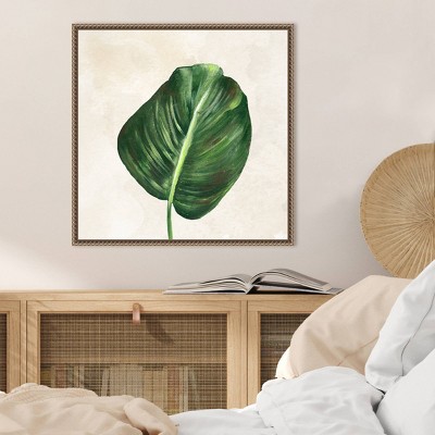 Tropical Leaves I Green Leaf Canvas Wall Art with Bronze Frame