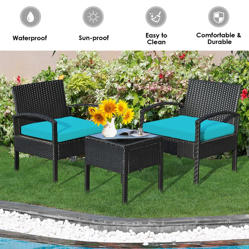 Tangkula 3 Pieces Patio Set Outdoor Wicker Rattan Furniture w/ Cushions Turquoise, 5 of 9