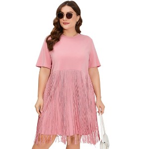 Coolmee Women's Casual Plus Size Midi Dress Round Neck Short Sleeve Fringe Hem Dress Dresses - 1 of 4