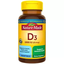 Nature Made Vitamin D3 1000 IU (25 mcg), Bone Health and Immune Support Softgel - 100ct