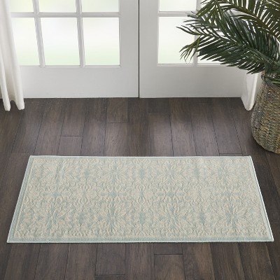 Ivory & Green Floral Synthetic 2' x 4' Easy-Care Rug
