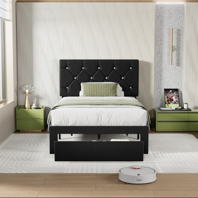 VECELO Queen/Full/Twin Size Bed Frame Leather Upholstered Platform Bed with Drawers and Headboard, Black/White